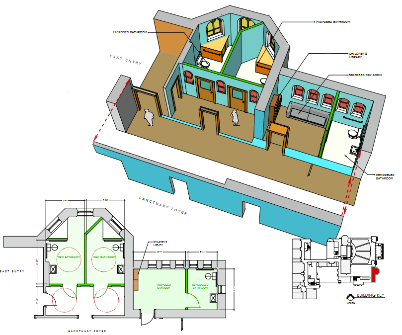 3D and top-down view of the cry room and family bathroom
